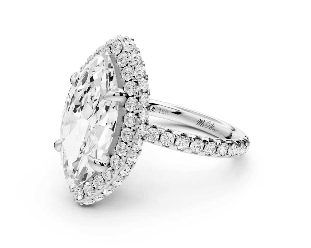 Amelie - 4ct 18k white gold marquise Diamond with Rollover Halo and Pavé engagement Ring - Mr. Alex Jewelry