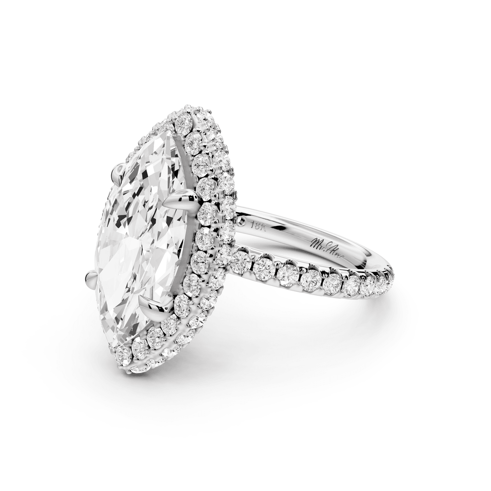 Amelie - 4ct 18k white gold marquise Diamond with Rollover Halo and Pavé engagement Ring - Mr. Alex Jewelry