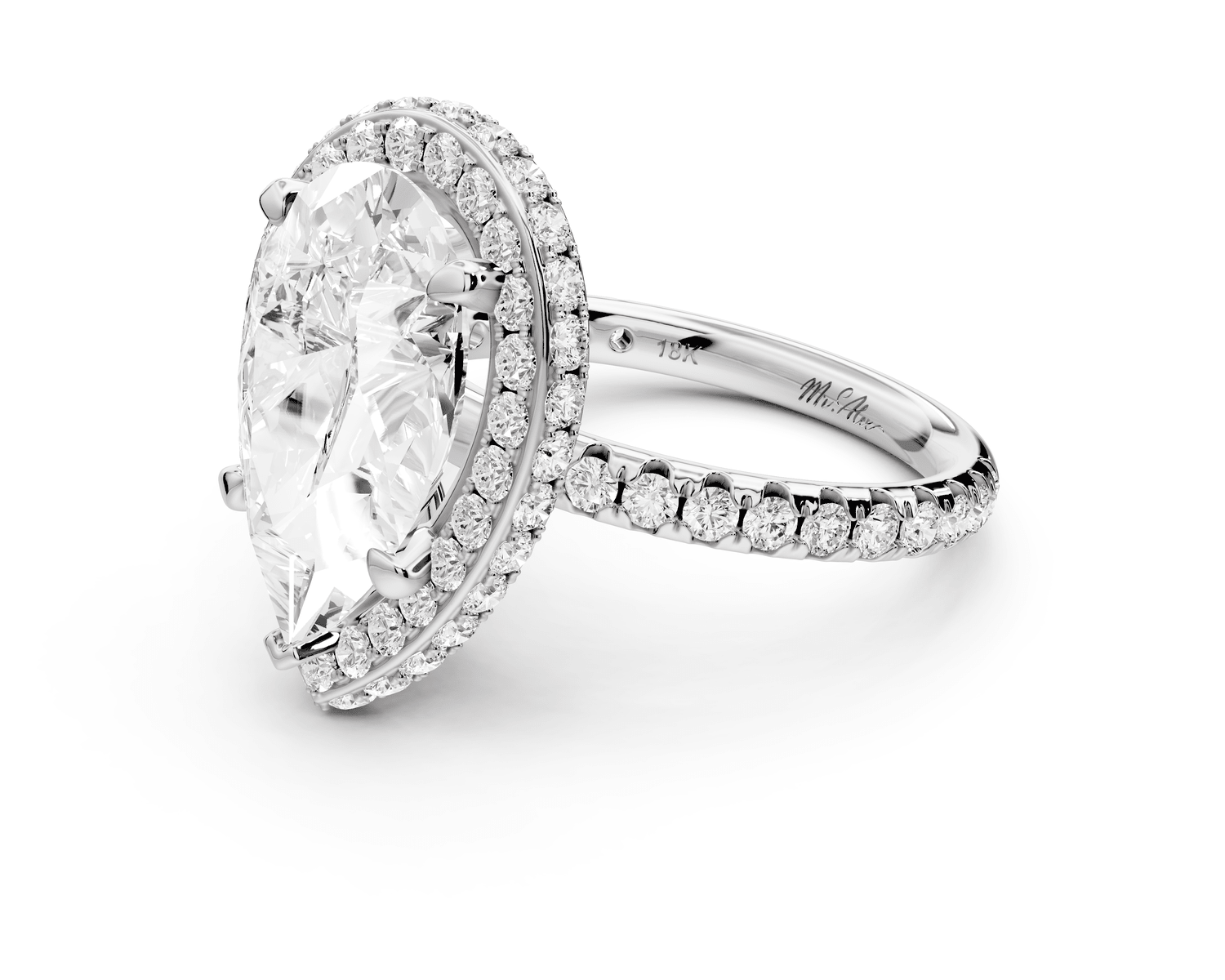 Amelie - 4ct 18k white gold pear Diamond with Rollover Halo and Pavé Engagement Ring - Mr. Alex Jewelry