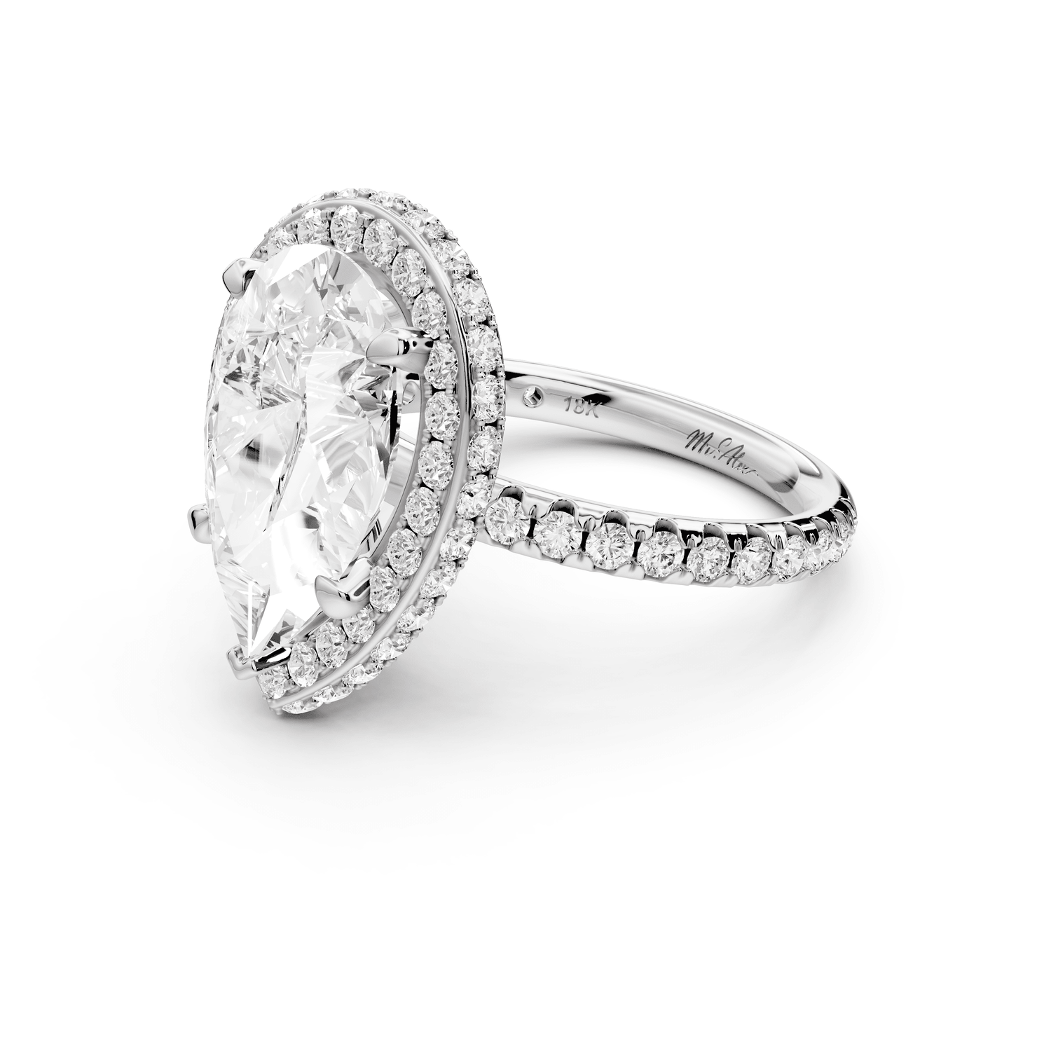 Amelie - 4ct 18k white gold pear Diamond with Rollover Halo and Pavé Engagement Ring - Mr. Alex Jewelry
