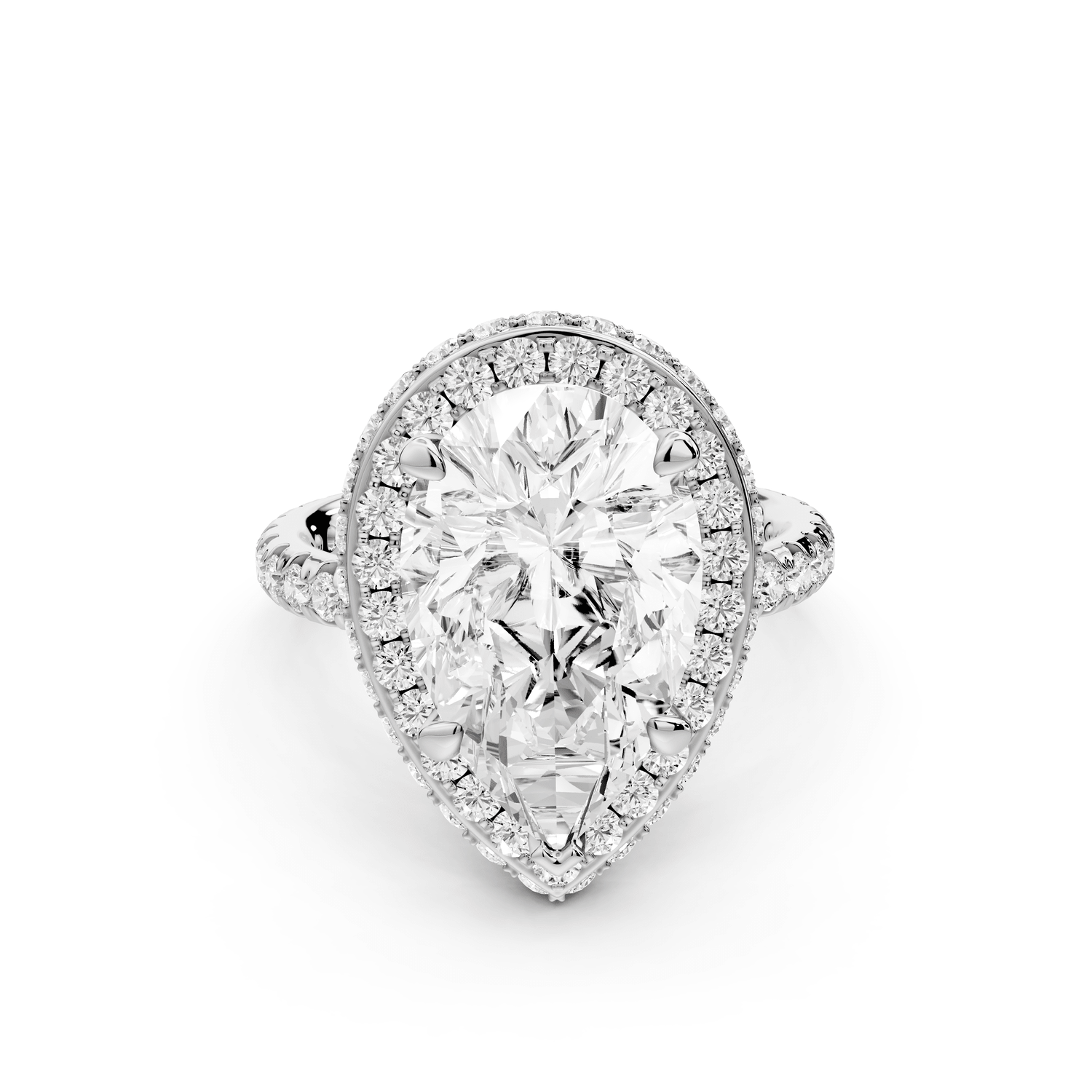 Amelie - 4ct 18k white gold pear Diamond with Rollover Halo and Pavé Engagement Ring - Mr. Alex Jewelry