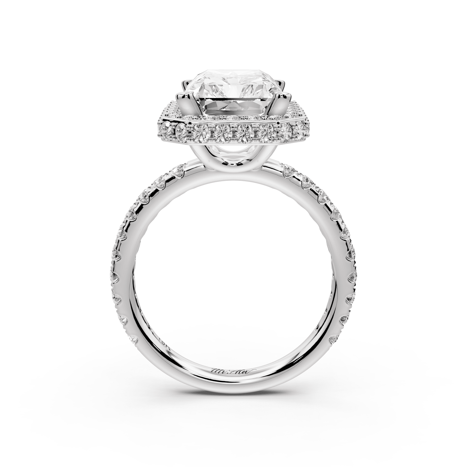 Amelie - 4ct 18k white gold radiant Diamond with Rollover Halo and Pavé engagement Ring - Mr. Alex Jewelry