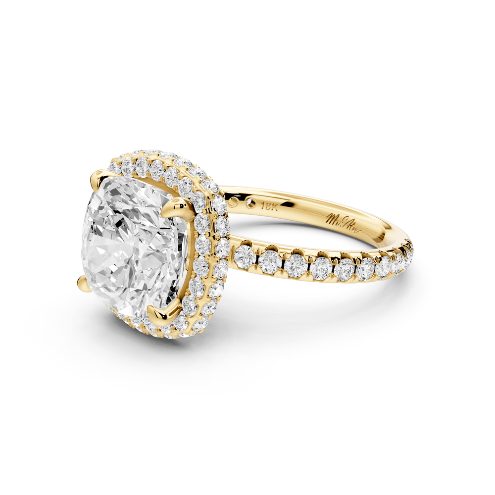 Amelie - 4ct 18k yellow gold cushion Diamond with Rollover Halo and Pavé engagement Ring - Mr. Alex Jewelry