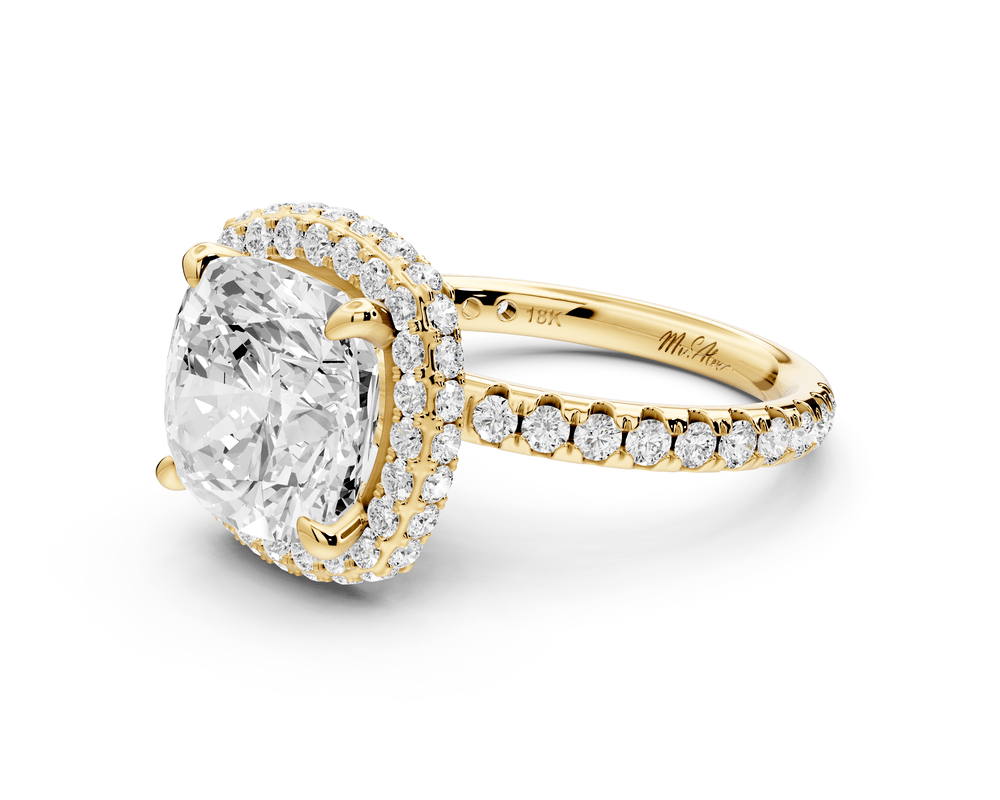 Amelie - 4ct 18k yellow gold cushion Diamond with Rollover Halo and Pavé engagement Ring - Mr. Alex Jewelry