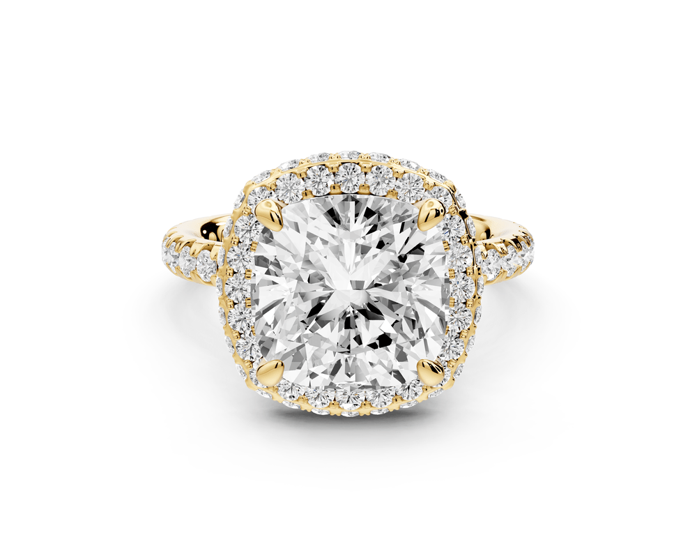Amelie - 4ct 18k yellow gold cushion Diamond with Rollover Halo and Pavé engagement Ring - Mr. Alex Jewelry