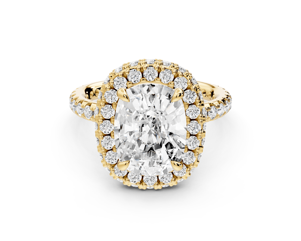 Amelie - 4ct 18k yellow gold ecushion Diamond with Rollover Halo and Pavé engagement Ring - Mr. Alex Jewelry