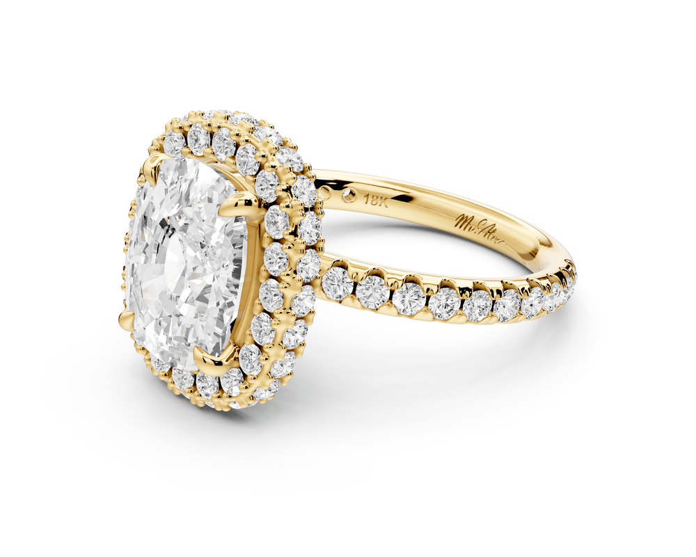 Amelie - 4ct 18k yellow gold ecushion Diamond with Rollover Halo and Pavé engagement Ring - Mr. Alex Jewelry