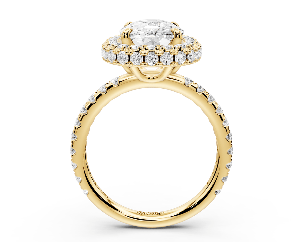 Amelie - 4ct 18k yellow gold ecushion Diamond with Rollover Halo and Pavé engagement Ring - Mr. Alex Jewelry