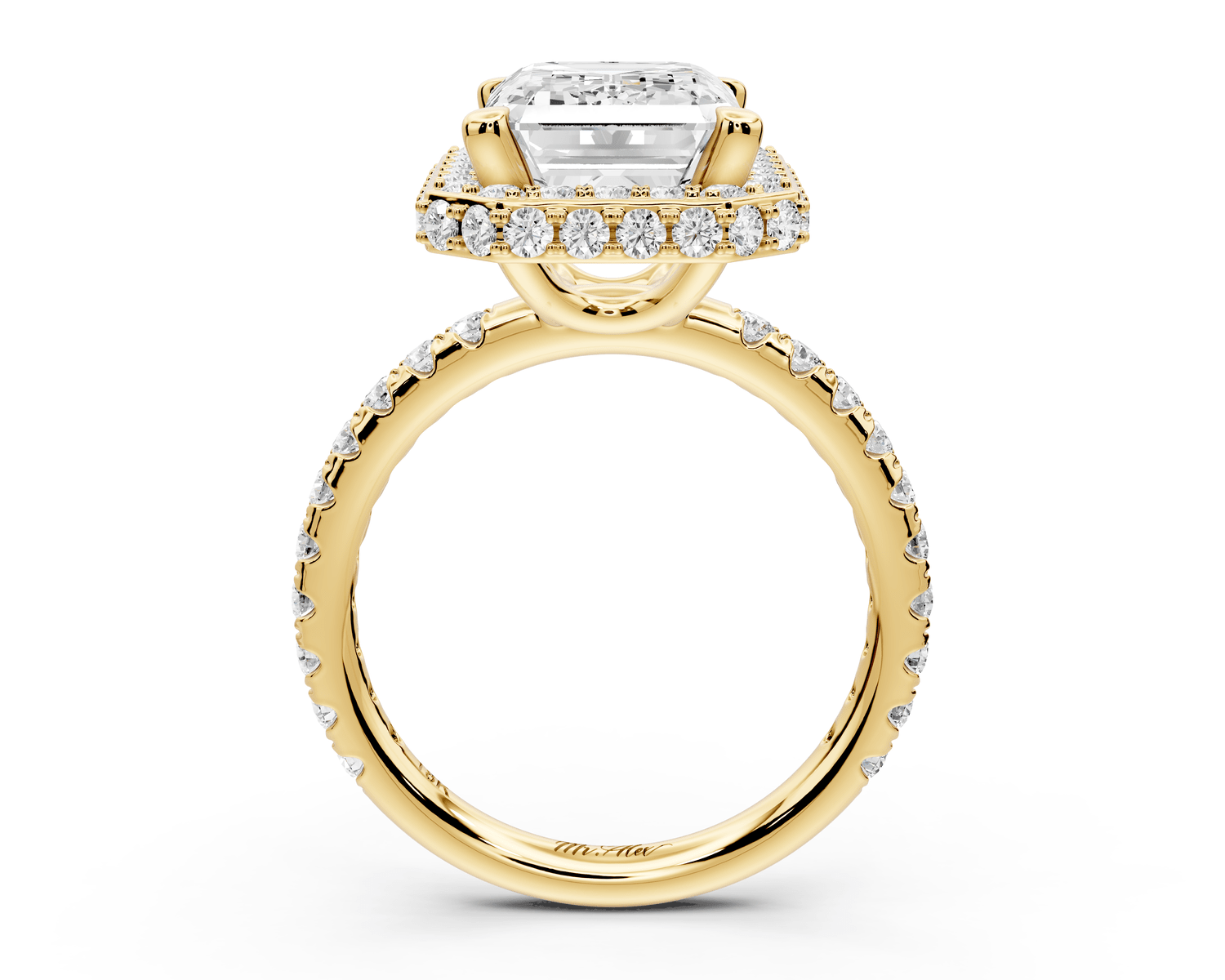 Amelie - 4ct 18k yellow gold emerald Diamond with Rollover Halo and Pavé Engagement Ring - Mr. Alex Jewelry