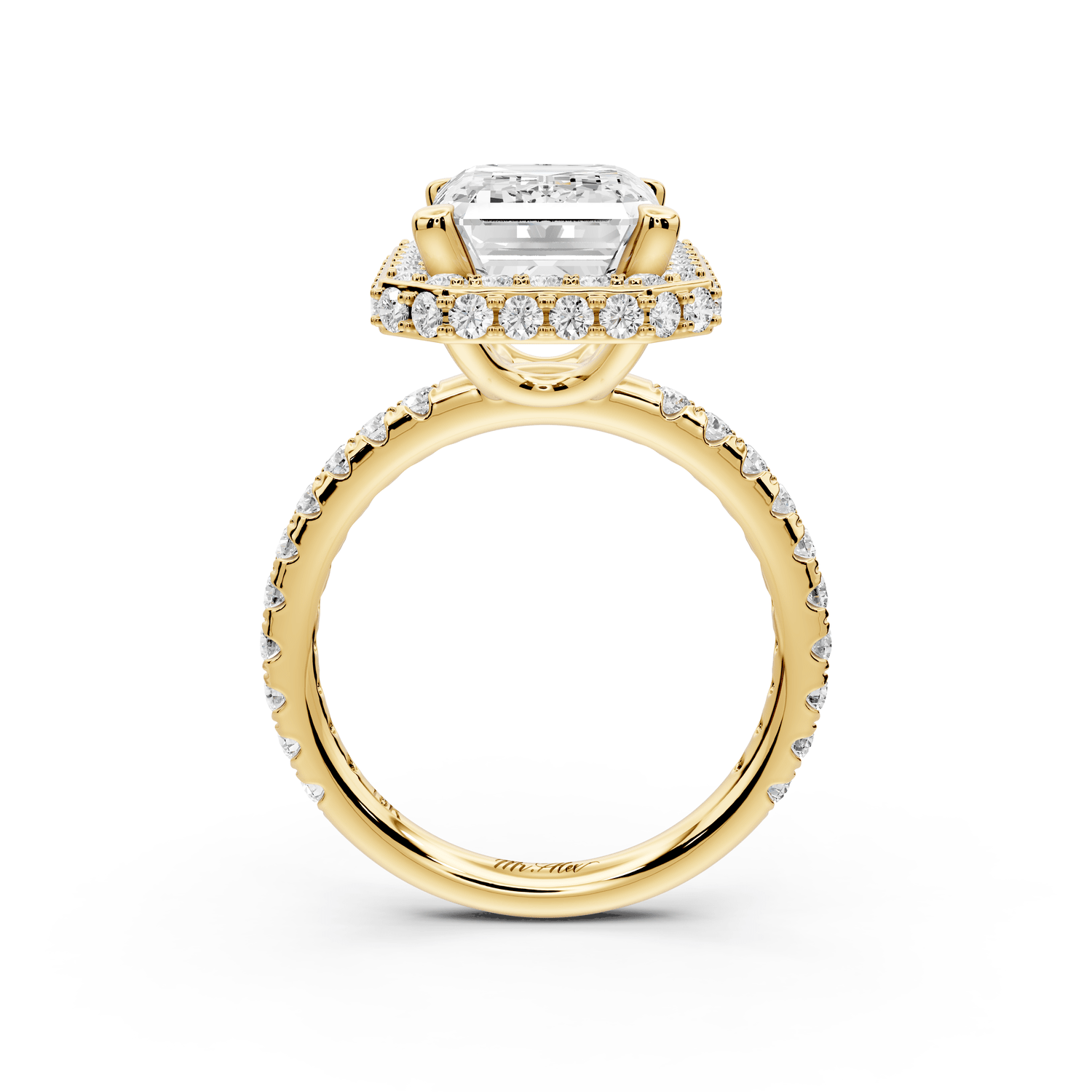 Amelie - 4ct 18k yellow gold emerald Diamond with Rollover Halo and Pavé Engagement Ring - Mr. Alex Jewelry