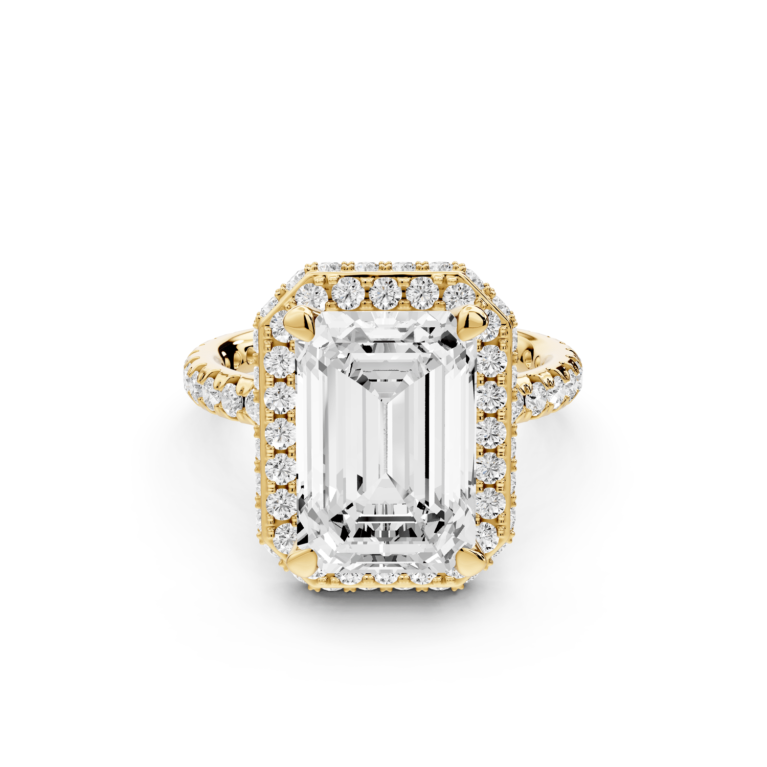 Amelie - 4ct 18k yellow gold emerald Diamond with Rollover Halo and Pavé Engagement Ring - Mr. Alex Jewelry