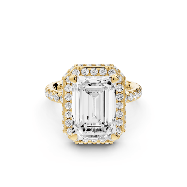 Amelie - 4ct 18k yellow gold emerald Diamond with Rollover Halo and Pavé Engagement Ring - Mr. Alex Jewelry