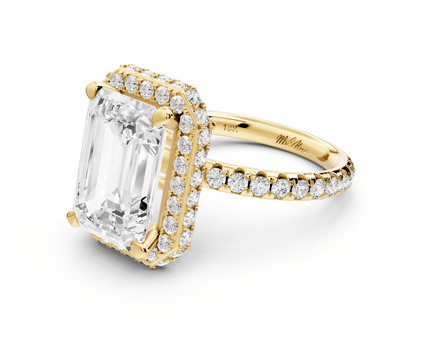 Amelie - 4ct 18k yellow gold emerald Diamond with Rollover Halo and Pavé Engagement Ring - Mr. Alex Jewelry