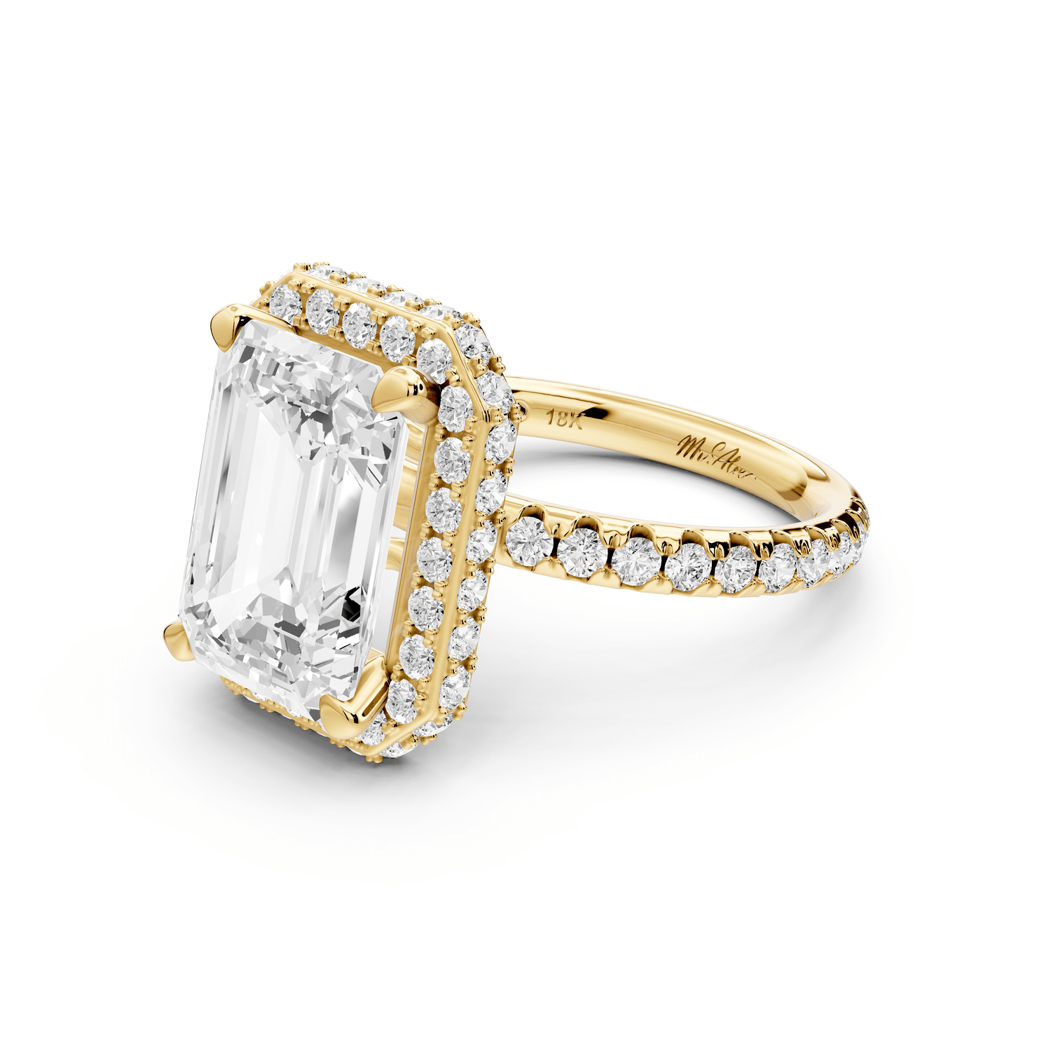 Amelie - 4ct 18k yellow gold emerald Diamond with Rollover Halo and Pavé Engagement Ring - Mr. Alex Jewelry