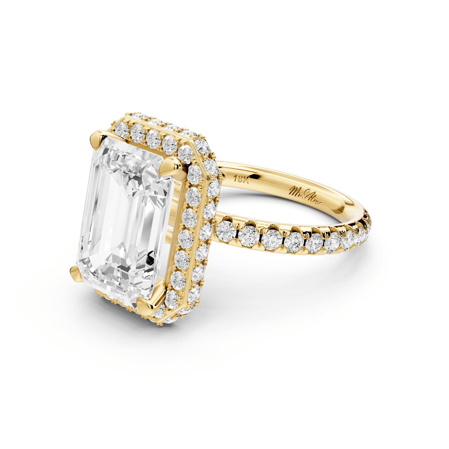 Amelie - 4ct 18k yellow gold emerald Diamond with Rollover Halo and Pavé Engagement Ring - Mr. Alex Jewelry