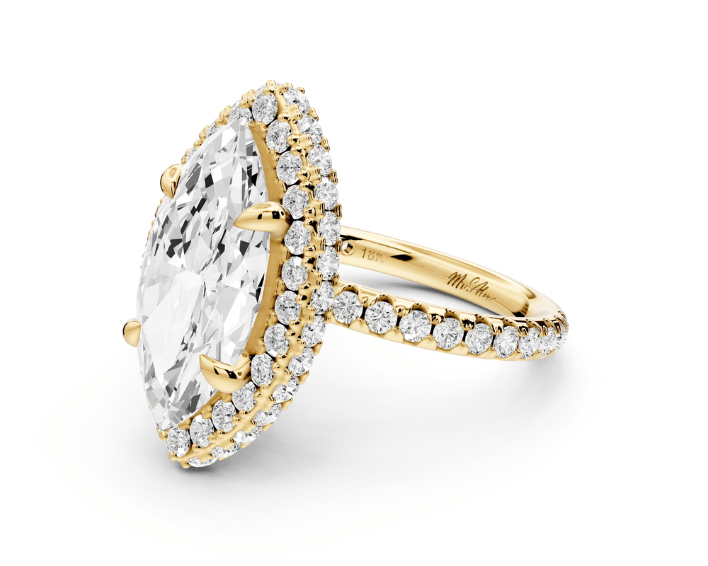 Amelie - 4ct 18k yellow gold marquise Diamond with Rollover Halo and Pavé engagement Ring - Mr. Alex Jewelry