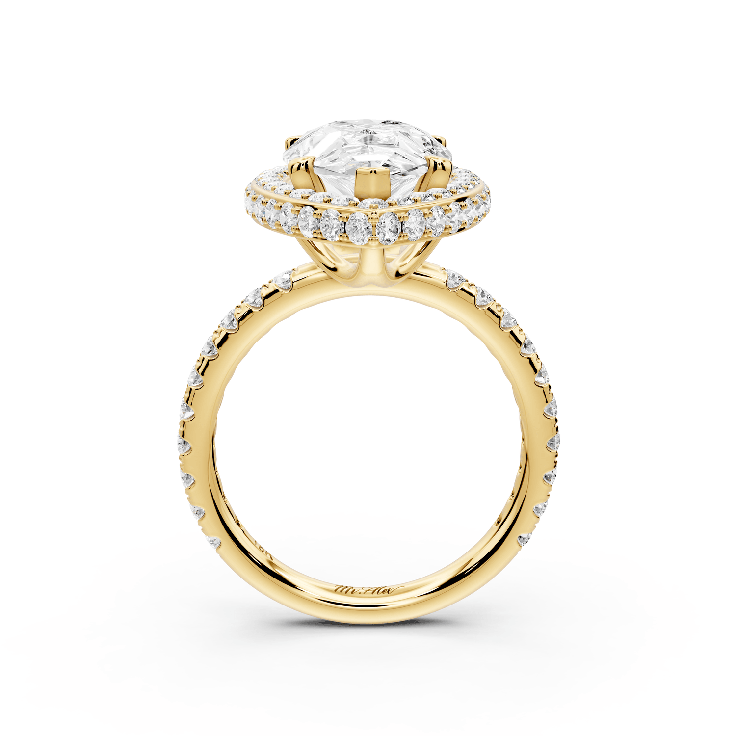 Amelie - 4ct 18k yellow gold pear Diamond with Rollover Halo and Pavé Engagement Ring - Mr. Alex Jewelry