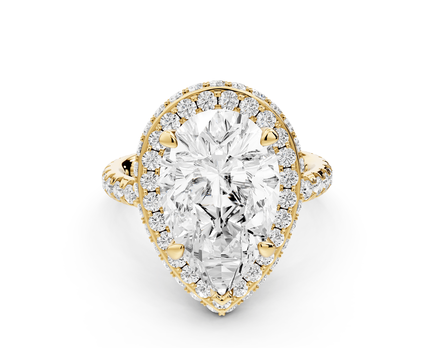 Amelie - 4ct 18k yellow gold pear Diamond with Rollover Halo and Pavé Engagement Ring - Mr. Alex Jewelry