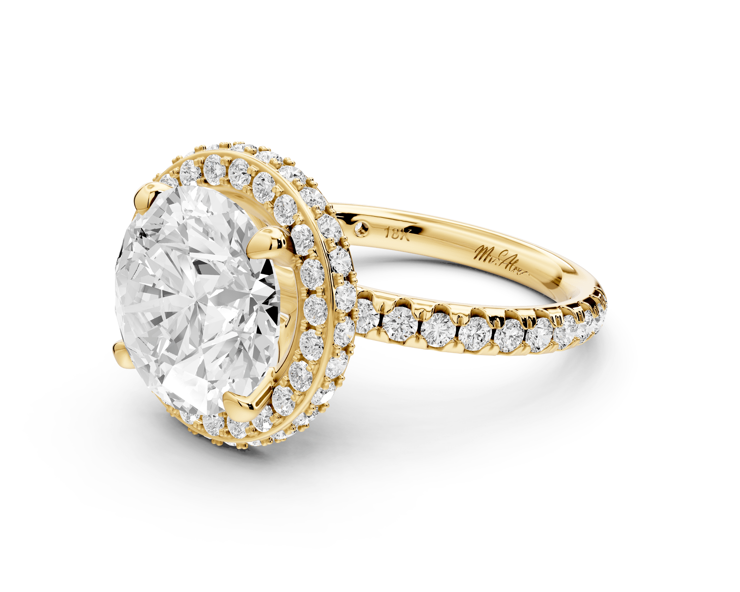 Amelie - 4ct 18k yellow gold round Diamond with Rollover Halo and Pavé Engagment Ring - Mr. Alex Jewelry