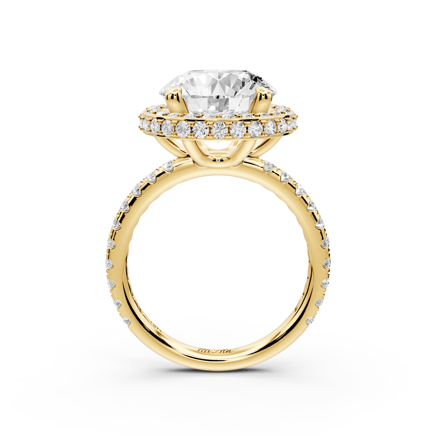 Amelie - 4ct 18k yellow gold round Diamond with Rollover Halo and Pavé Engagment Ring - Mr. Alex Jewelry