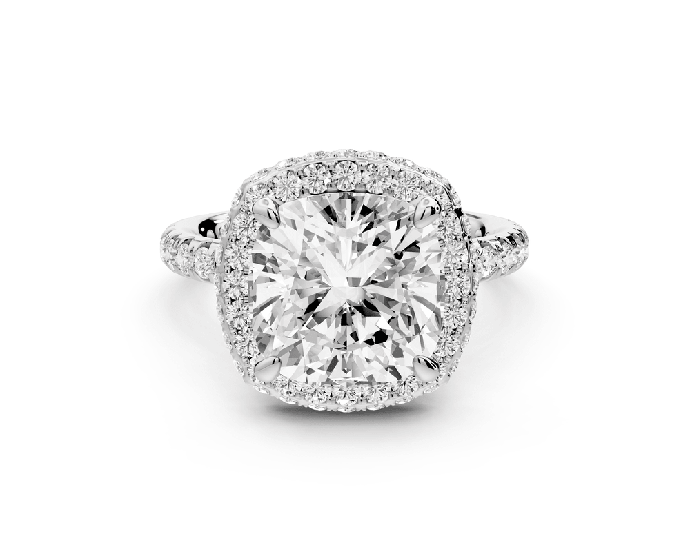 Amelie - 4ct platinum cushion Diamond with Rollover Halo and Pavé engagement Ring - Mr. Alex Jewelry