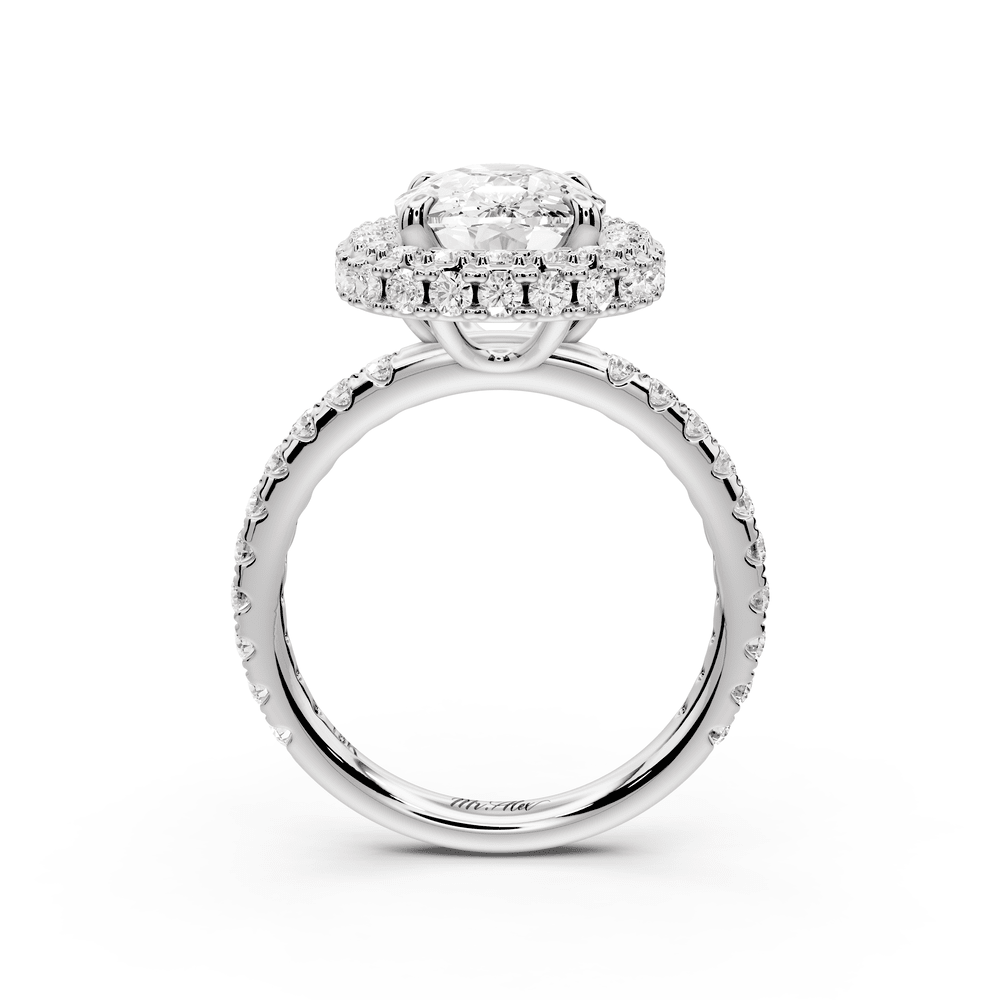 Amelie - 4ct platinum ecushion Diamond with Rollover Halo and Pavé engagement Ring - Mr. Alex Jewelry