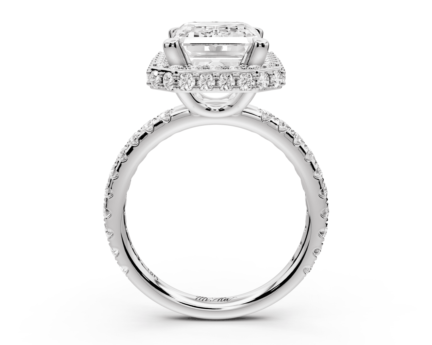 Amelie - 4ct platinum emerald Diamond with Rollover Halo and Pavé Engagement Ring - Mr. Alex Jewelry