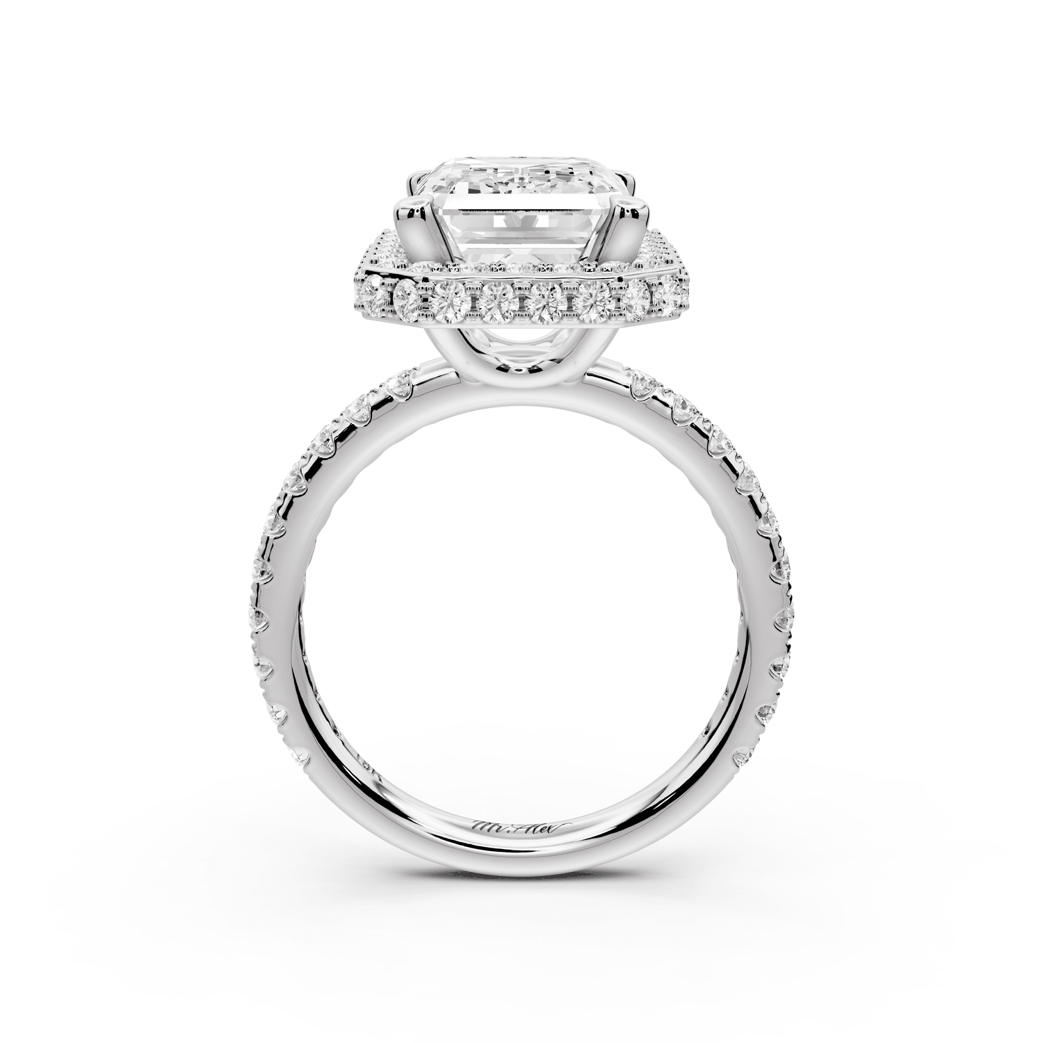 Amelie - 4ct platinum emerald Diamond with Rollover Halo and Pavé Engagement Ring - Mr. Alex Jewelry