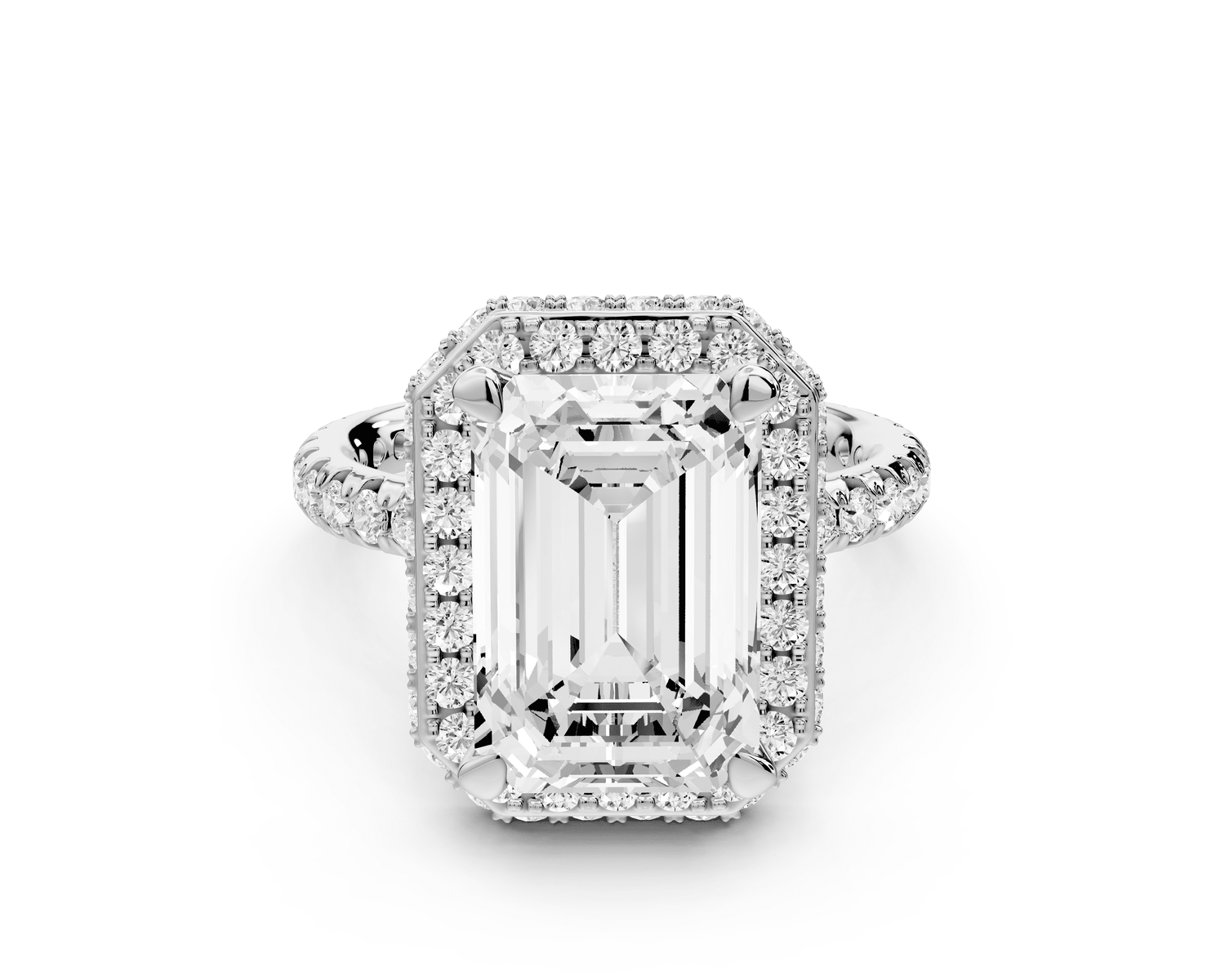 Amelie - 4ct platinum emerald Diamond with Rollover Halo and Pavé Engagement Ring - Mr. Alex Jewelry