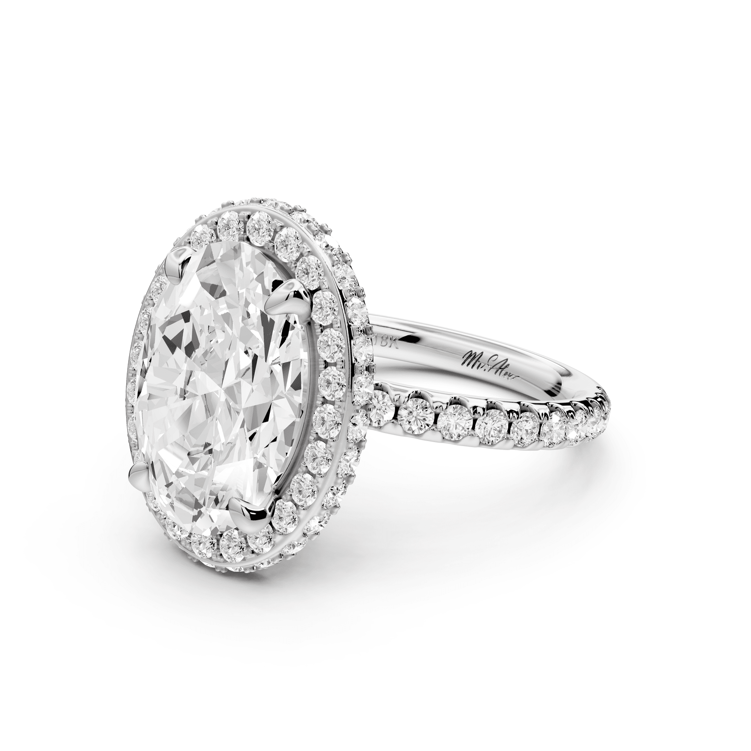 Amelie - 4ct platinum oval Diamond with Rollover Halo and Pavé Engagement Ring - Mr. Alex Jewelry