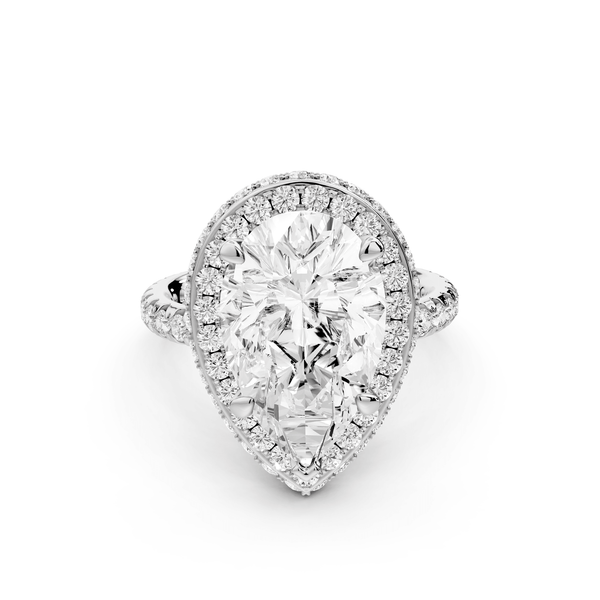 Amelie - 4ct platinum pear Diamond with Rollover Halo and Pavé Engagement Ring - Mr. Alex Jewelry