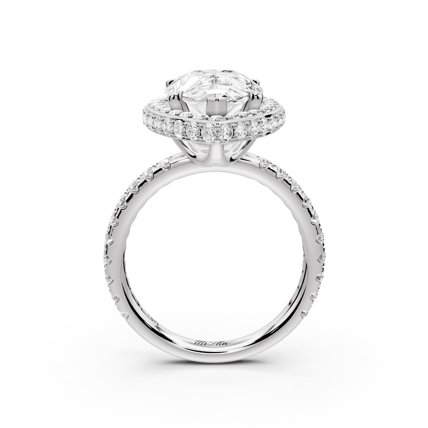 Amelie - 4ct platinum pear Diamond with Rollover Halo and Pavé Engagement Ring - Mr. Alex Jewelry