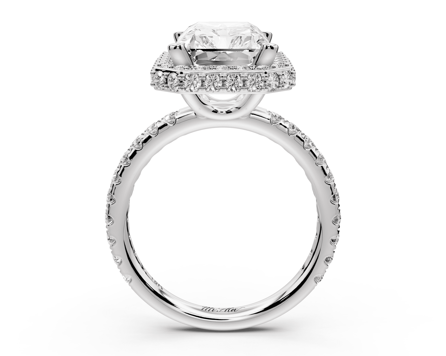 Amelie - 4ct platinum radiant Diamond with Rollover Halo and Pavé engagement Ring - Mr. Alex Jewelry