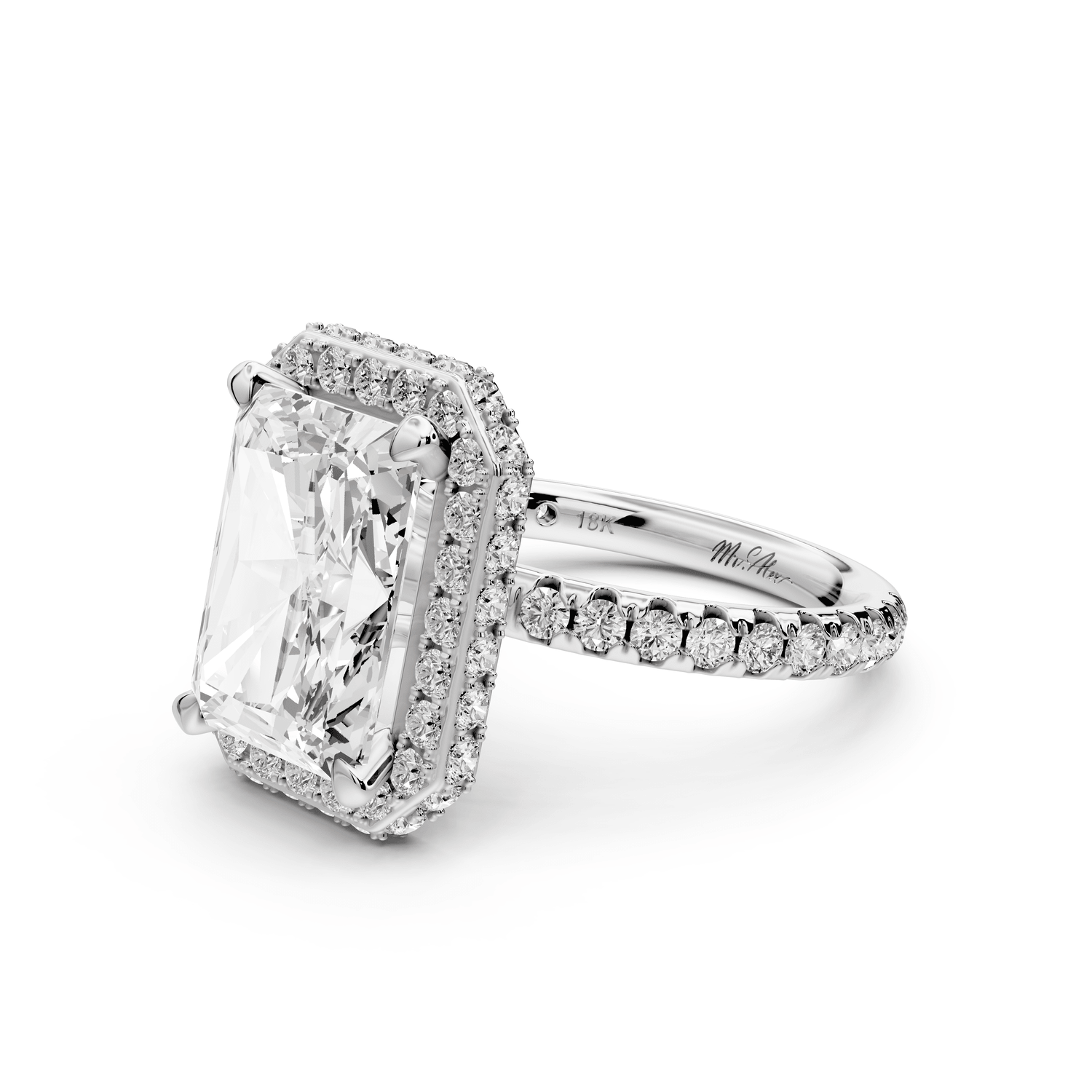 Amelie - 4ct platinum radiant Diamond with Rollover Halo and Pavé engagement Ring - Mr. Alex Jewelry