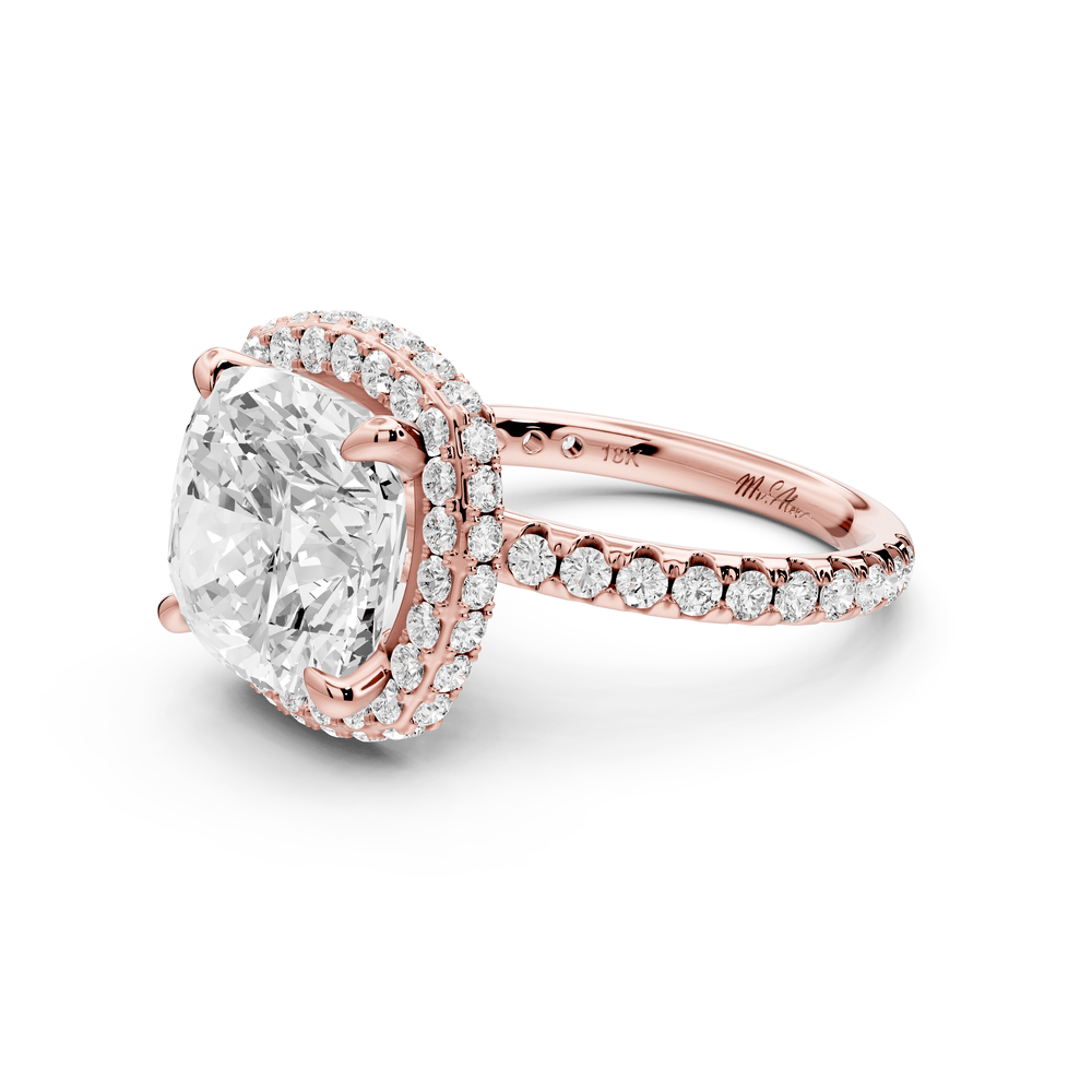 Amelie - 5ct 14k rose gold cushion Diamond with Rollover Halo and Pavé engagement Ring - Mr. Alex Jewelry