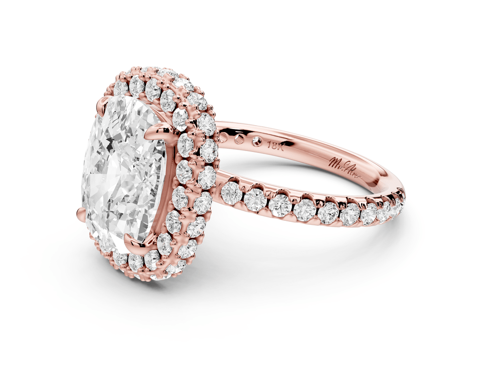 Amelie - 5ct 14k rose gold ecushion Diamond with Rollover Halo and Pavé engagement Ring - Mr. Alex Jewelry