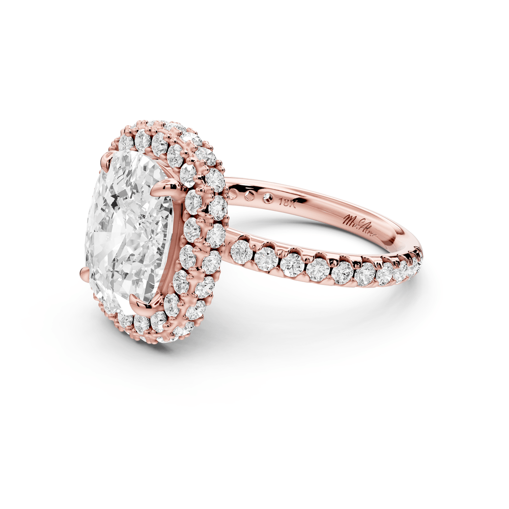 Amelie - 5ct 14k rose gold ecushion Diamond with Rollover Halo and Pavé engagement Ring - Mr. Alex Jewelry