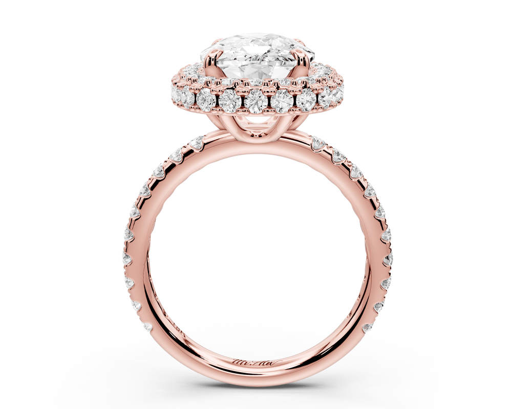 Amelie - 5ct 14k rose gold ecushion Diamond with Rollover Halo and Pavé engagement Ring - Mr. Alex Jewelry