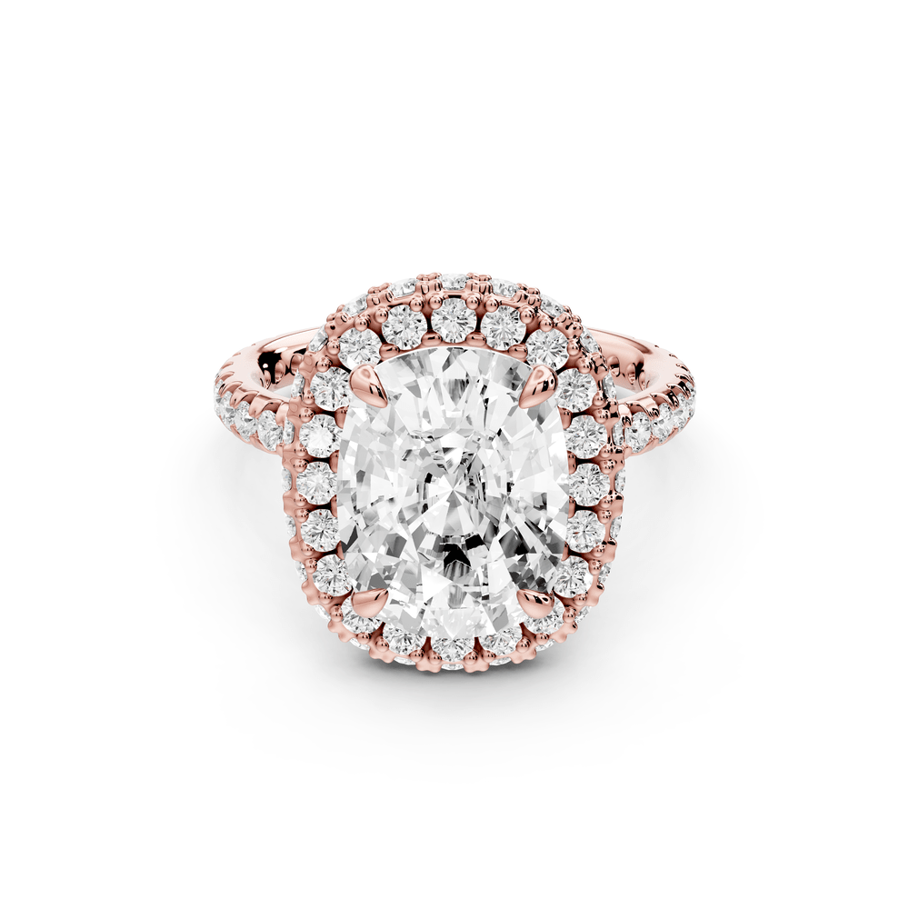 Amelie - 5ct 14k rose gold ecushion Diamond with Rollover Halo and Pavé engagement Ring - Mr. Alex Jewelry