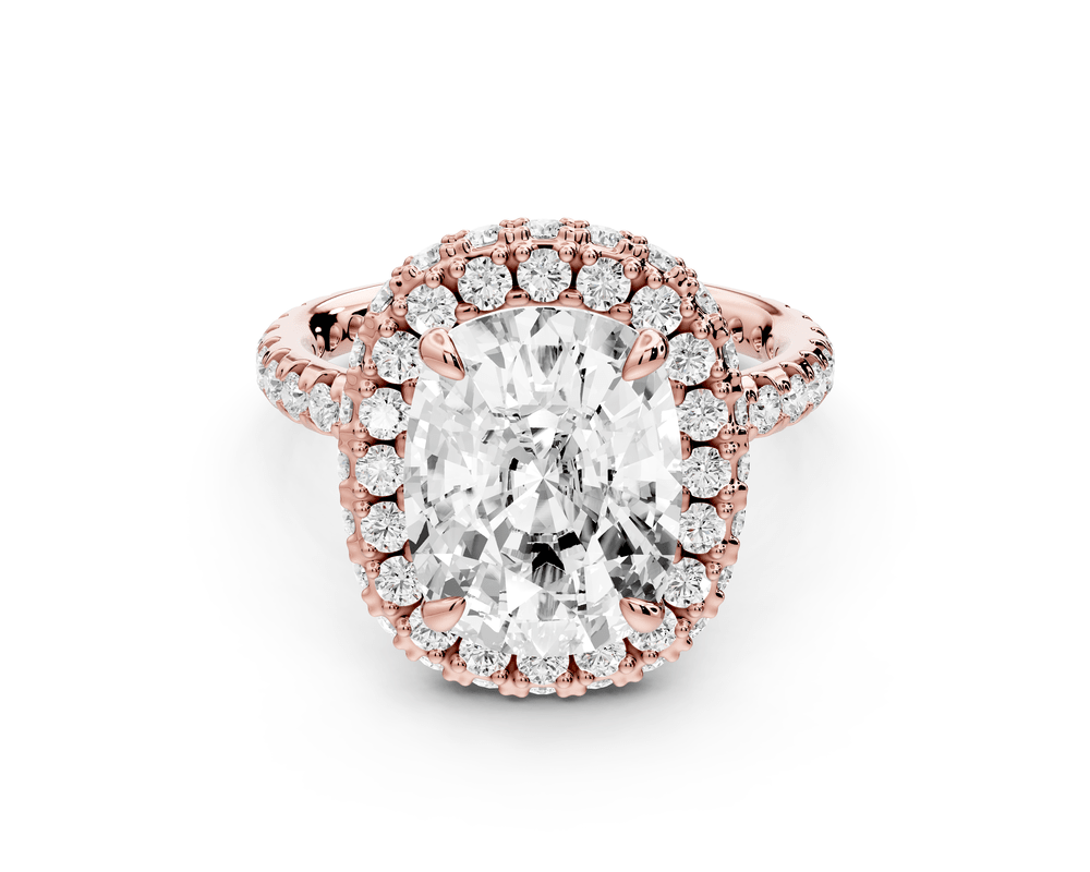 Amelie - 5ct 14k rose gold ecushion Diamond with Rollover Halo and Pavé engagement Ring - Mr. Alex Jewelry