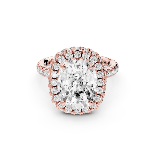 Amelie - 5ct 14k rose gold ecushion Diamond with Rollover Halo and Pavé engagement Ring - Mr. Alex Jewelry