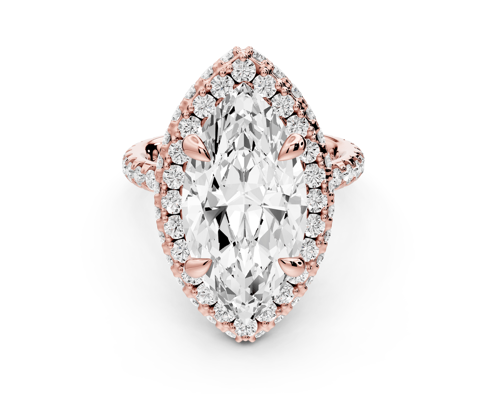 Amelie - 5ct 14k rose gold marquise Diamond with Rollover Halo and Pavé engagement Ring - Mr. Alex Jewelry