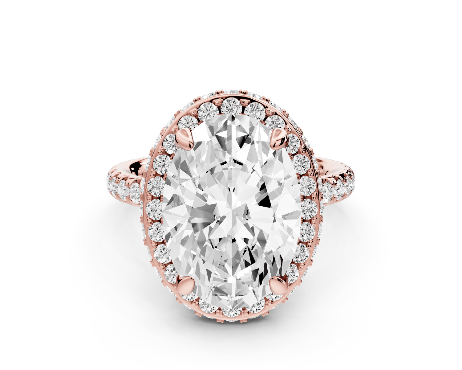 Amelie - 5ct 14k rose gold oval Diamond with Rollover Halo and Pavé Engagement Ring - Mr. Alex Jewelry