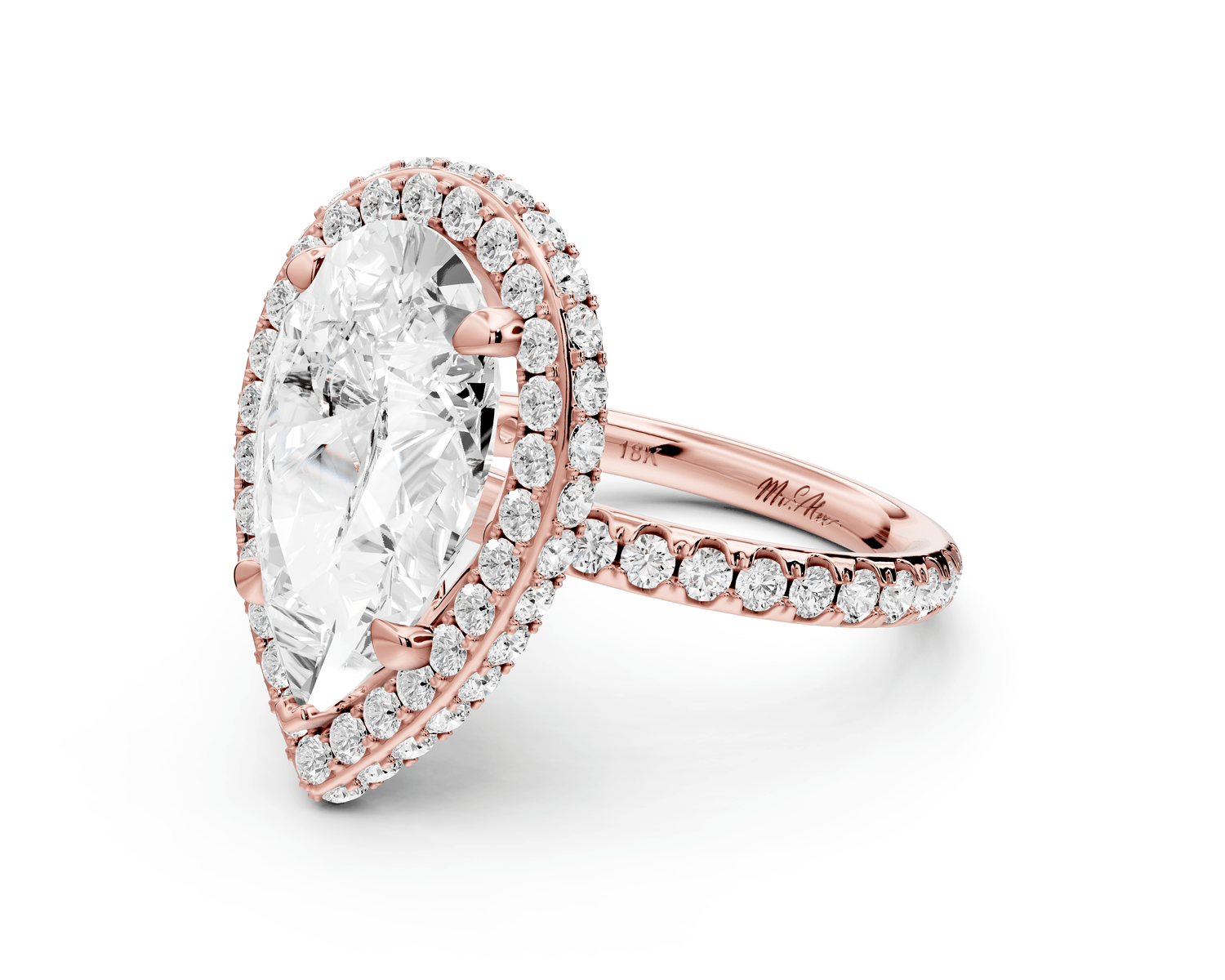 Amelie - 5ct 14k rose gold pear Diamond with Rollover Halo and Pavé Engagement Ring - Mr. Alex Jewelry