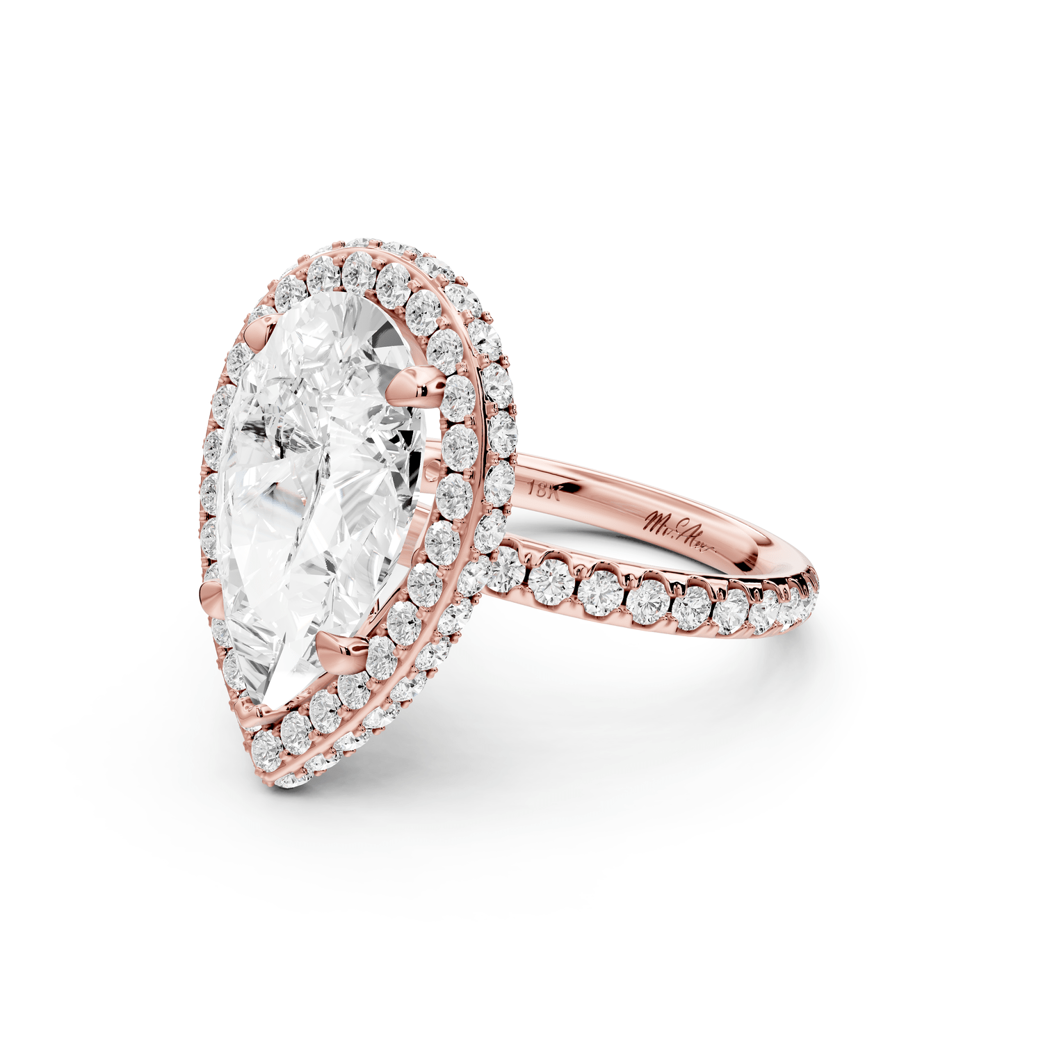 Amelie - 5ct 14k rose gold pear Diamond with Rollover Halo and Pavé Engagement Ring - Mr. Alex Jewelry