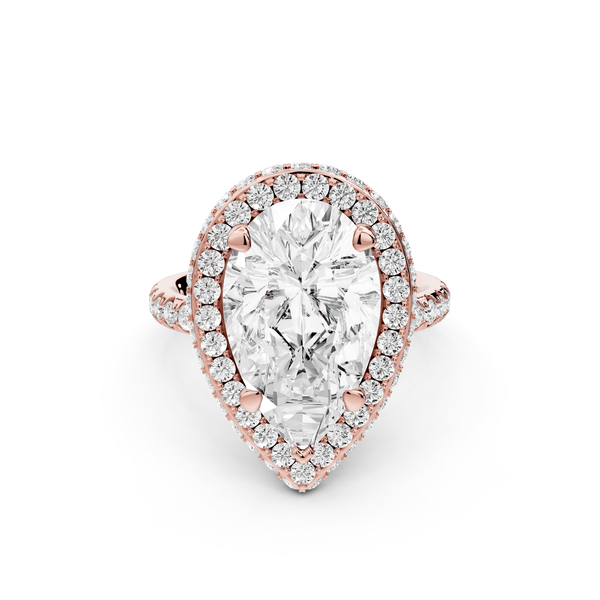 Amelie - 5ct 14k rose gold pear Diamond with Rollover Halo and Pavé Engagement Ring - Mr. Alex Jewelry