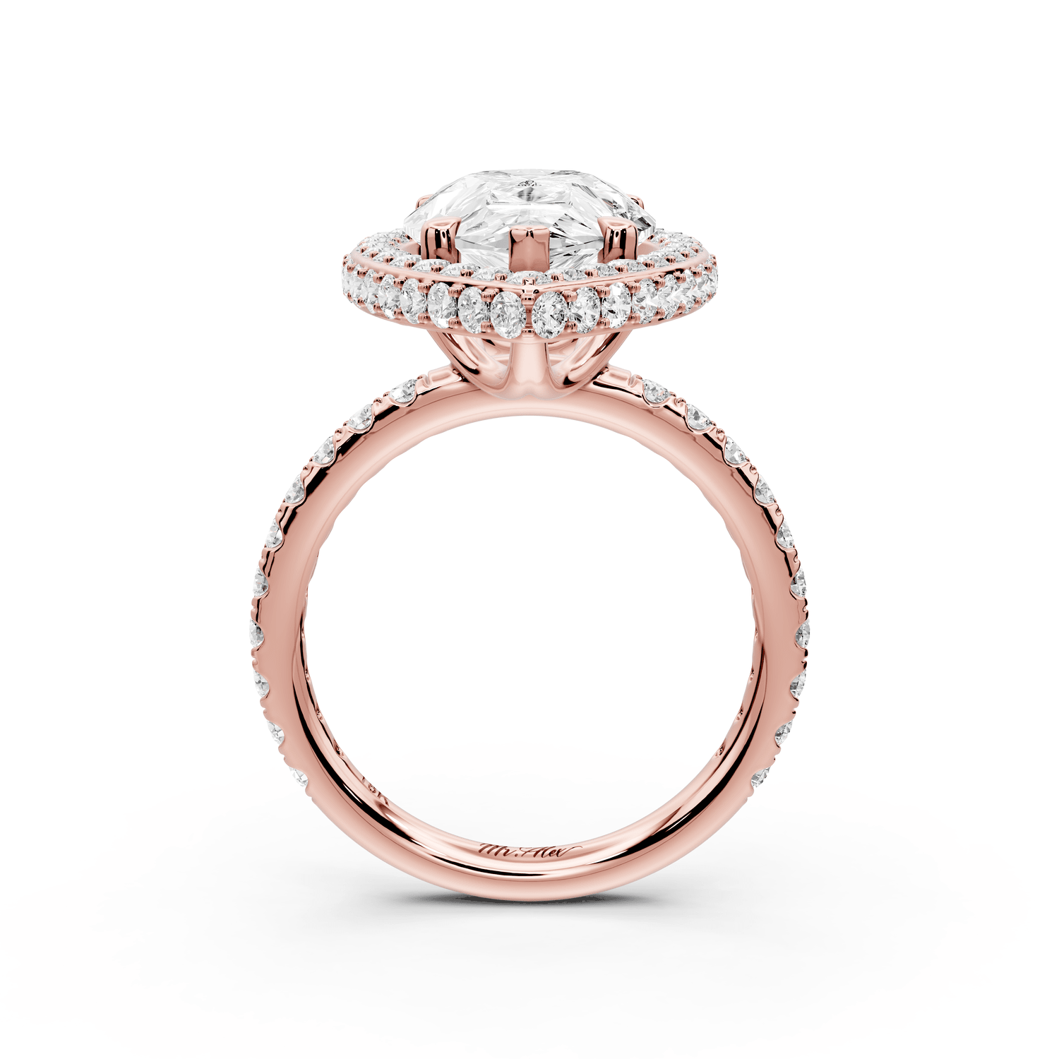 Amelie - 5ct 14k rose gold pear Diamond with Rollover Halo and Pavé Engagement Ring - Mr. Alex Jewelry