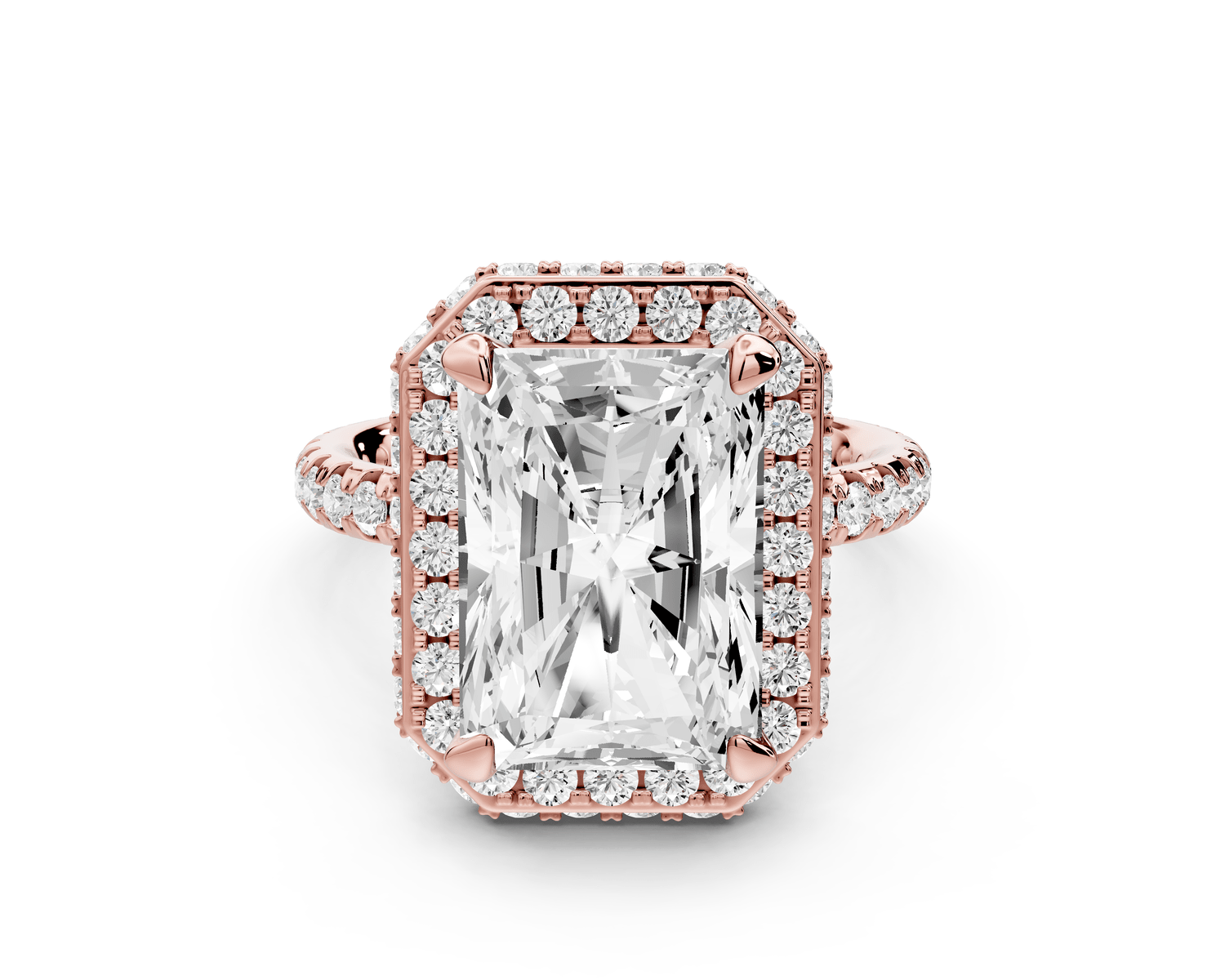 Amelie - 5ct 14k rose gold radiant Diamond with Rollover Halo and Pavé engagement Ring - Mr. Alex Jewelry