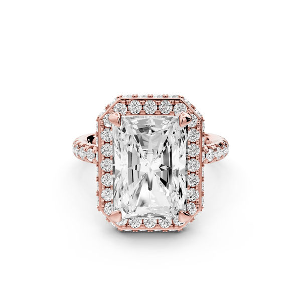 Amelie - 5ct 14k rose gold radiant Diamond with Rollover Halo and Pavé engagement Ring - Mr. Alex Jewelry