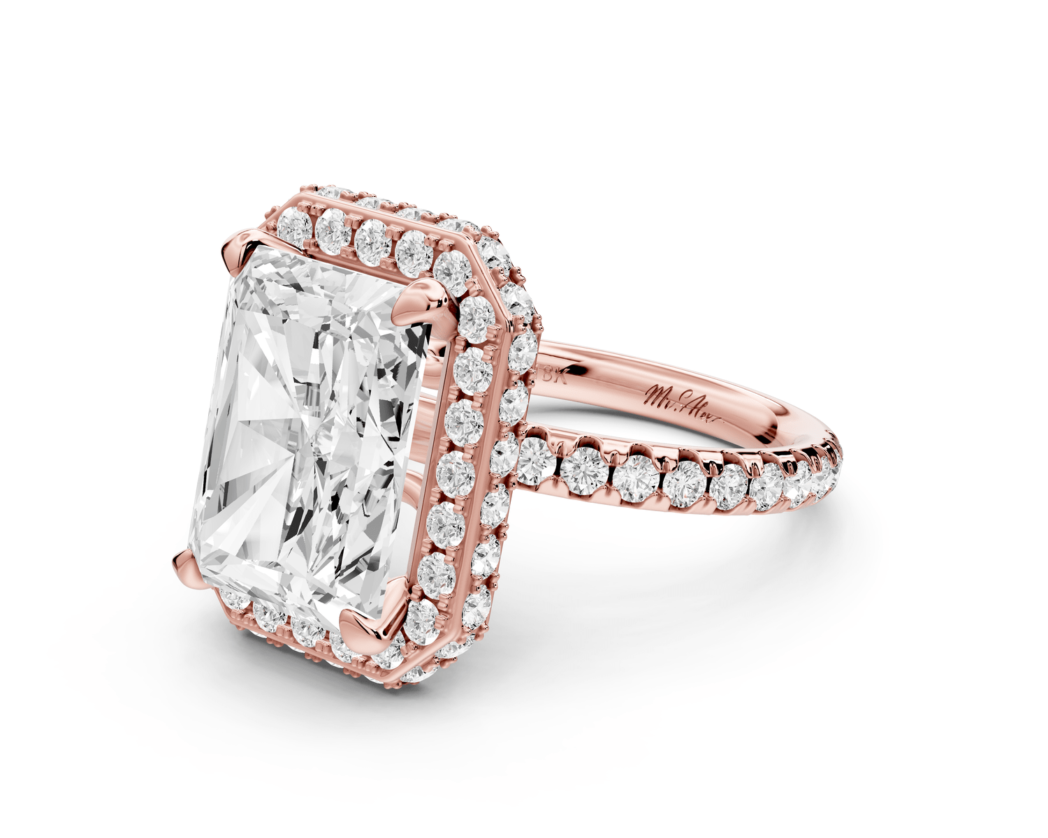 Amelie - 5ct 14k rose gold radiant Diamond with Rollover Halo and Pavé engagement Ring - Mr. Alex Jewelry